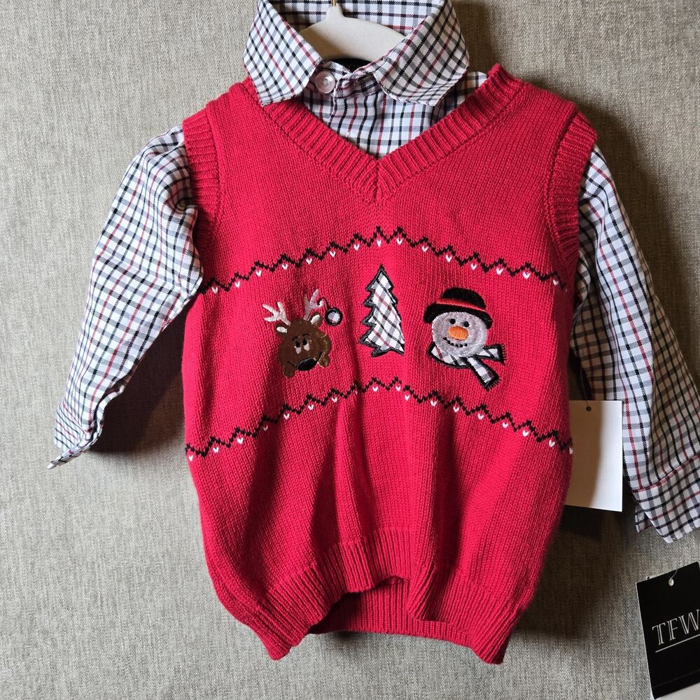 TFW Long Sleeve Button Up Shirt With a Christmas Vest New NWT Photos Party